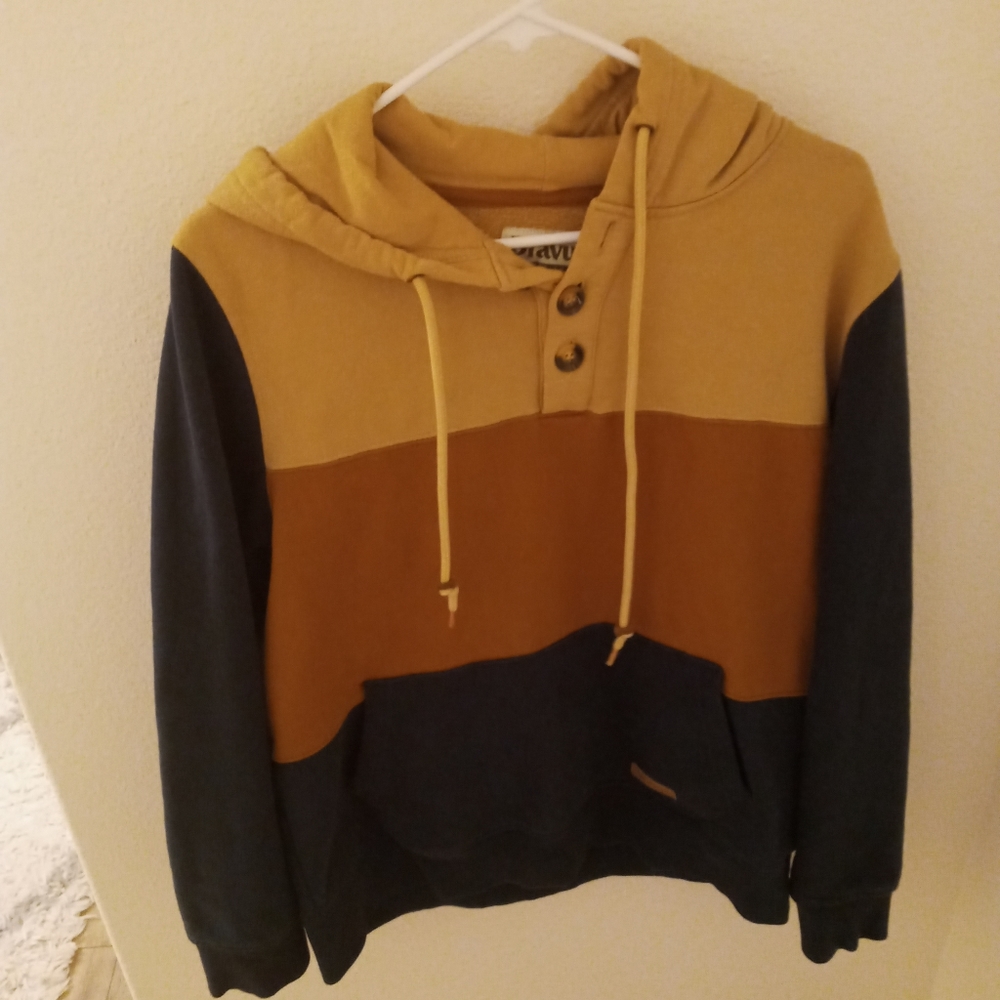 Dravus, tan brown and navy blue hoodie